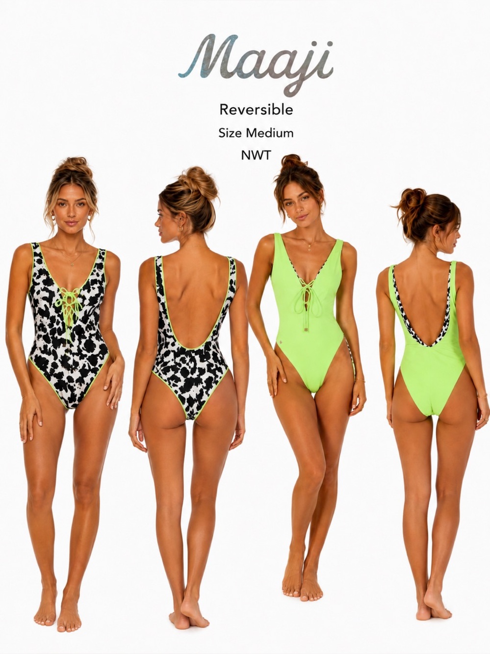 Maaji Lime Light Reversible One-Piece Swimsuit Black animal/Lime NWT Med